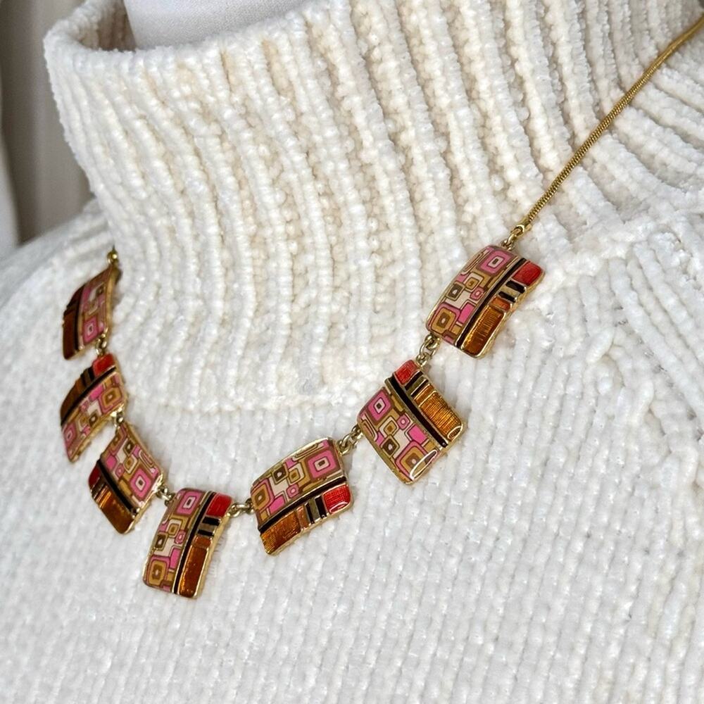 Vintage Necklace Enamel MCM Mid Century Geometric Panel Gold Tone Mod 16” - 18”
